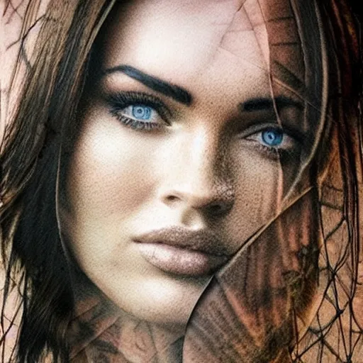 Image similar to realistic tattoo sketch of megan fox face photoshop double exposure effect with a mountain scenery, in the style of matteo pasqualin, amazing detail, sharp, faded