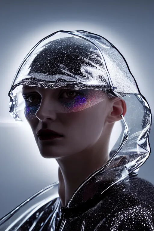 Image similar to an ultra high definition professional high fashion portrait studio full length photograph of a model wearing a transparent pearlescent raincoat and neon visor in an icelandic black rock environment at dawn. no artefacts. extremely detailed. stark. refraction. shallow depth of field. volumetric light and shadow. ray tracing. light rays.