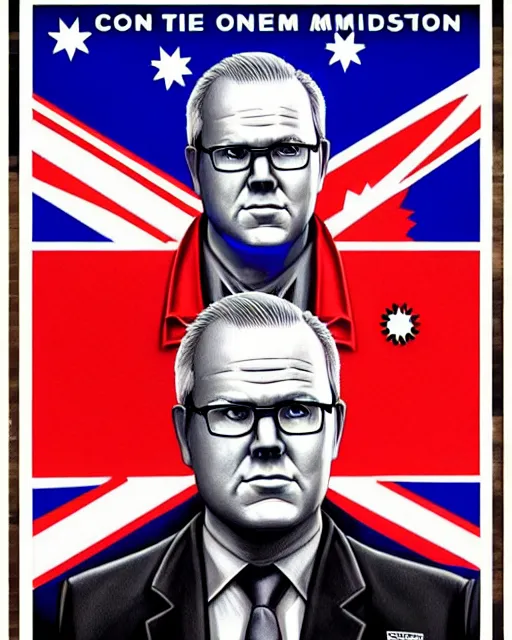 Prompt: scott morrison in the style of australian communist propaganda poster art in the year 1 9 8 7 ultra realistic, concept art, intricate details, highly detailed, photorealistic, octane render, 8 k, unreal engine. art by artgerm and magali villeneuve