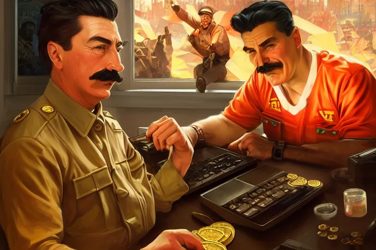 Prompt: angry realistic josef stalin trading bitcoin in front of computer trading bitcoin, highly detailed, hyperrealistic, digital painting, artstation, concept art, smooth, sharp focus, illustration, cinematic lighting, art by artgerm and greg rutkowski and alphonse mucha