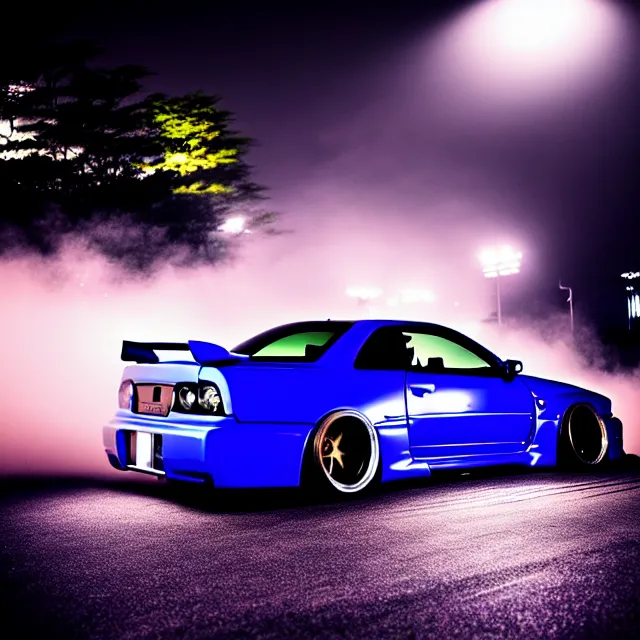 Image similar to a car R34 twin turbo drift at illegal car meet, Kanagawa prefecture, city midnight mist lights, cinematic lighting, photorealistic, highly detailed wheels, high detail