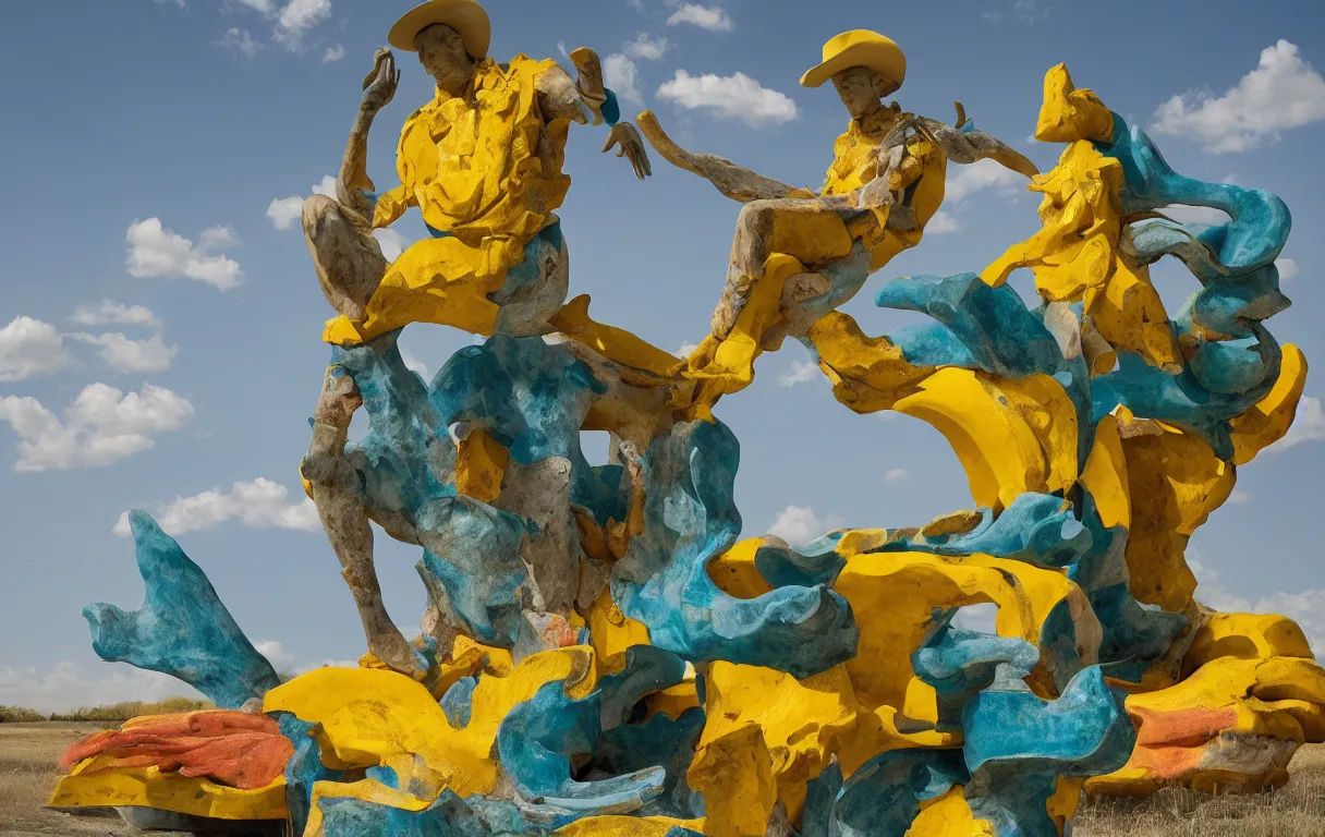 Prompt: a cowboy turning into blooms by slim aarons, by zhang kechun, by lynda benglis. tropical sea slugs, brutalist angular sharp tractor tires. complementary colors. warm soft volumetric dramatic light. national geographic. 8 k, rendered in octane, smooth gradients. sculpture by antonio canova. yellow teal accents.