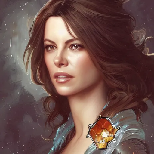 Prompt: Kate Beckinsale eating fork covered in honey, D&D, fantasy, intricate, elegant, highly detailed, digital painting, artstation, concept art, matte, sharp focus, illustration, hearthstone, art by Artgerm and Greg Rutkowski and Alphonse Mucha