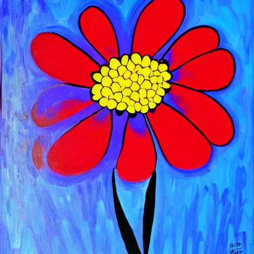 Image similar to a painting of a red flower on a blue background, a pop art painting by laurel burch, trending on pixabay, fauvism, fauvism, pop art, vivid colors