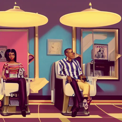 Prompt: illustration of nicki minaj sitting next to barack obama in a 6 0's vintage barbershop in queens, symmetrical, cinematic scene, brownish colors, hyper realistic, highly detailed faces, octane render, trending on artstation