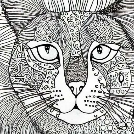 Prompt: zentangle coloring book page of a cat,
