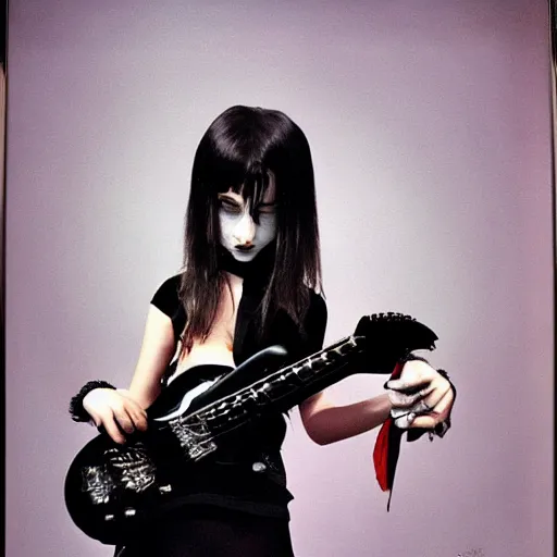 Image similar to Goth girl playing electric guitar by Mario Testino, oil painting by Gottfried Helnwein, masterpiece