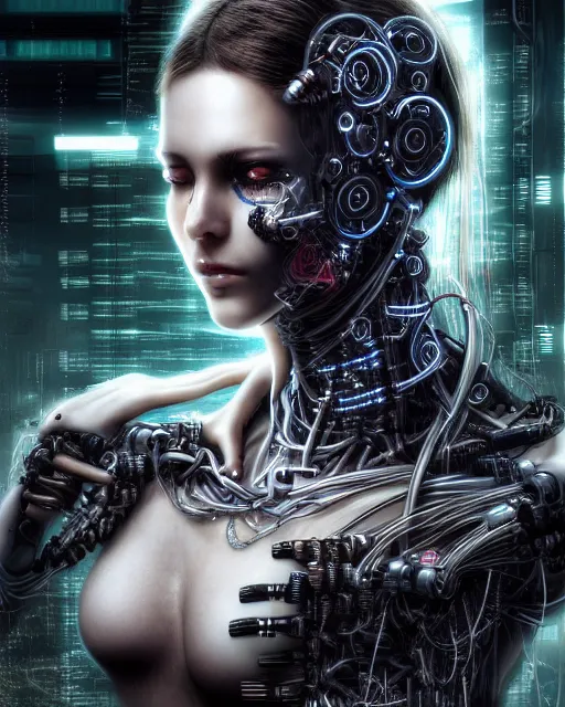 Image similar to portrait photo of an aesthetic biomechanical cyborg plugged into a quantum computer with cables and wires and optic fibers. cyberpunk horror style. art by luis royo. highly detailed 8 k. intricate. nikon d 8 5 0 5 5 mm. award winning photography.