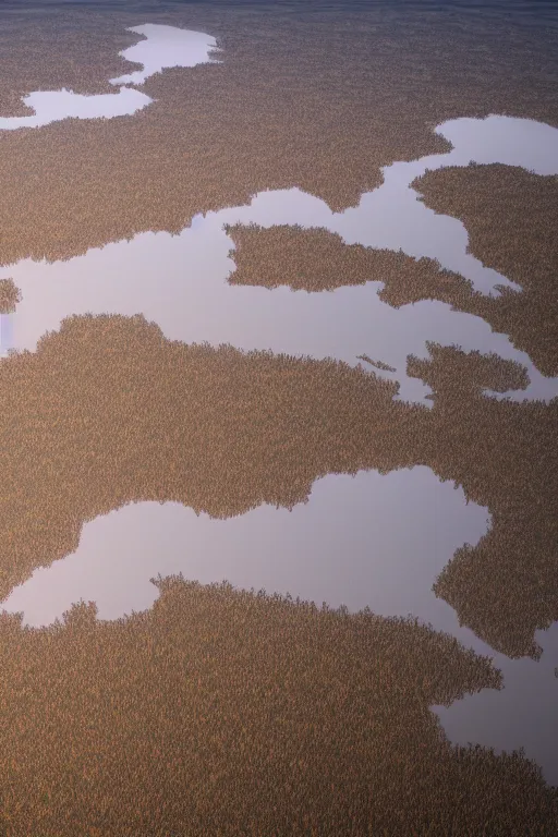 Image similar to realistic full height cinematic stunning dry river delta aerial view of dense swampland by denis villeneuve and hiroshi yoshida and rothko, fluid simulation in houdini, distant mountain range, hyperrealism, moorland, matte painting, trending on artstation, 8 k very hight detail, rendered in octane