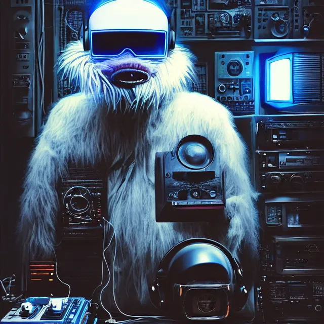 Image similar to a portrait of an anthropomorphic cyberpunk yeti in a motorcycle helmet working in his secret electronics lab, detailed render, tape deck, boombox, headphones, epic composition, cybernetics, 4 k realistic, cryengine, realistic shaded lighting, sharp focus, masterpiece, by matteo scalera, gary montalbano, peter elson in the style of the tokyo ghost comic