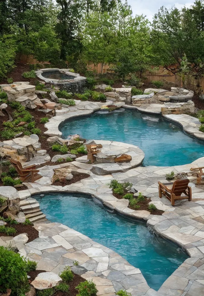 Image similar to Beautiful backyard pool with stone walkway and wooden lounge chairs