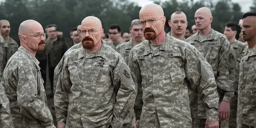 Prompt: Walter White as the supreme commander of an army, inspecting the troops