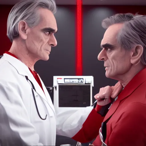 Image similar to a scene from the movie dead ringers with clean shaven jeremy irons, dark cinematic lighting, heavy black and red palette and color contrast, medical equipment, movie directed by wes craven, 3 d octane render