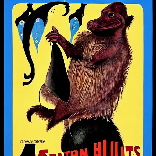 Prompt: vintage horror film poster of movie starring a platypus who kills people while playing darts