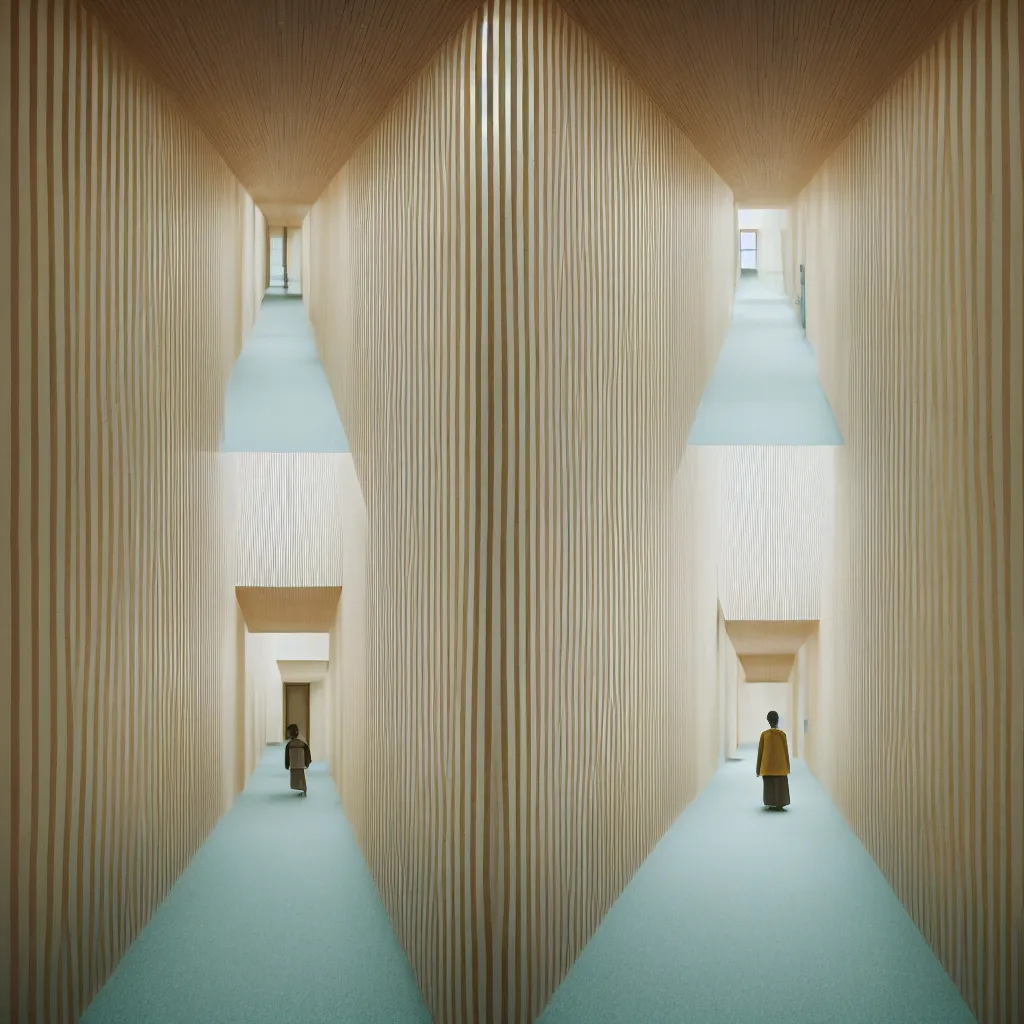 Image similar to photograph of a hallway in the style of Wes Anderson, Tadao Ando, architecture magazine, dezeen, 50mm, pentax, film