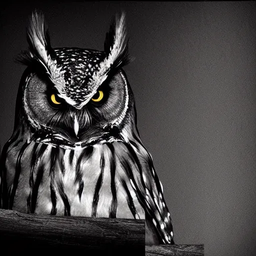 Prompt: owl inside creepy scary nightmare atmosphere, realsitic
