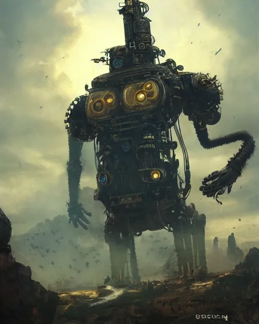 Image similar to oil painting of King Kong Steampunk Robot Hybrid, sharp focus, fantasy style, steampunk city background, octane render, volumetric lighting, 8k high definition, by greg rutkowski, highly detailed, trending on art Station