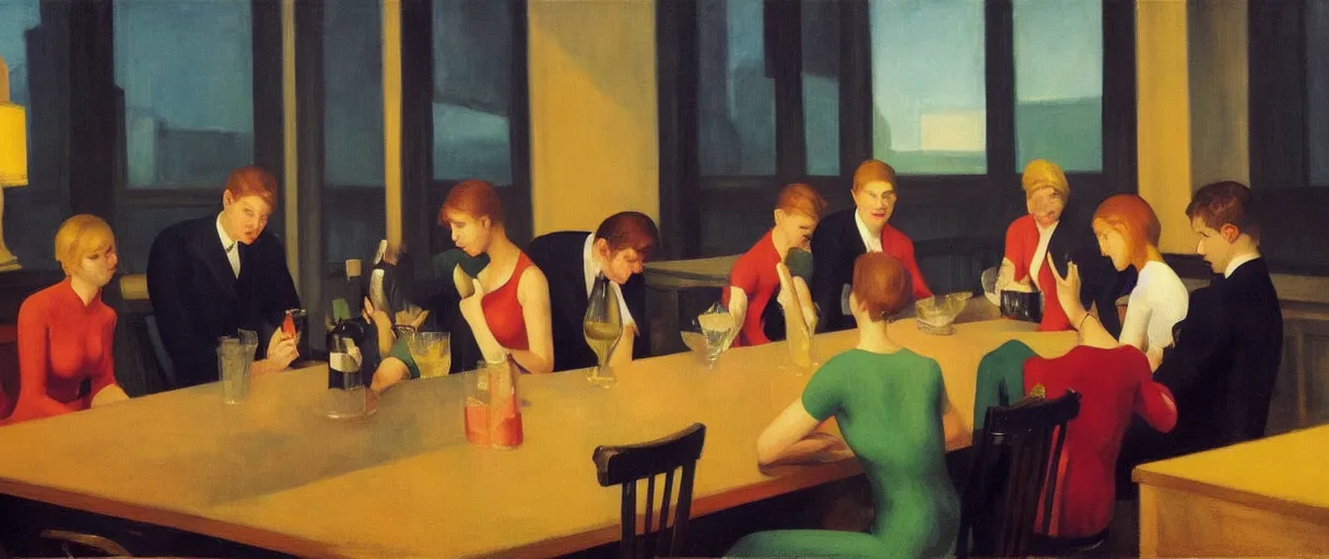 Prompt: an edward hopper painting of a young gen z group of friends having wine at a dinner party