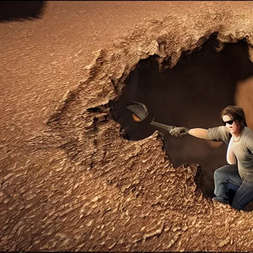 Image similar to tom cruise digging a giant hole with a shovel in a desert, photorealistic, unreal engine