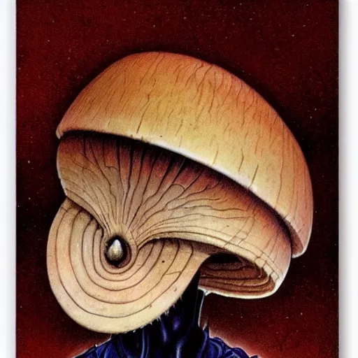 Image similar to frontal portrait of an humanoid warrior mushroom, by Gerald Brom