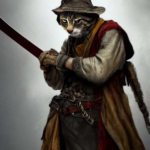 Image similar to a high detail shot of a dirty, homeless cat wearing rags, holstering sword, realism, 8 k, fantasy, d & d, concept art