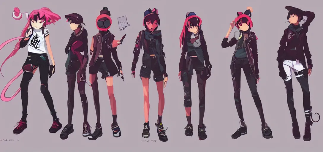 Image similar to character sheet concept art of female video game characters inspired by flcl, unique silhouettes, cute casual streetwear, by marc brunet and artgerm