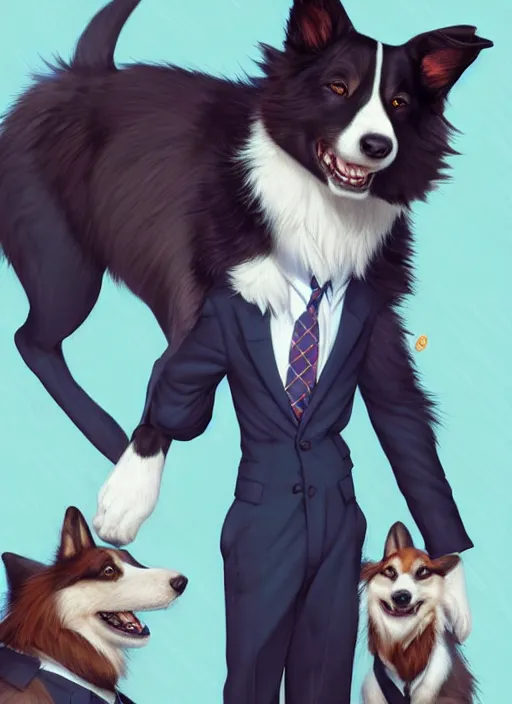 Image similar to beautiful full body character portrait of a cute male anthropomorphic border collie fursona wearing a suit. character design by disney, charlie bowater, ross tran, artgerm, and makoto shinkai, detailed, soft lighting, rendered in octane