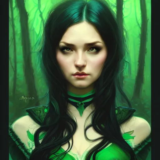 Image similar to wide angle, rogue, green black blue color palette, focused, forest, female, d & d, fantasy, intricate, elegant, highly detailed, long jet black hair, digital painting, artstation, octane render, concept art, matte, sharp focus, illustration, hearthstone, art by artgerm, alphonse mucha johannes voss