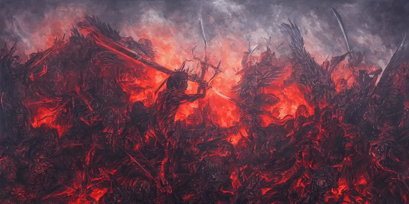 Prompt: An angel with a flaming sword battling hordes of undead in the middle of new york in the evening under a red moonlight. Zdzisław Beksińsk style. Very detailed, 8k.