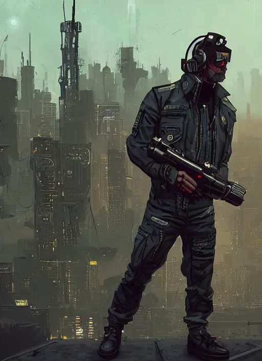 Image similar to Menacing Ivan. buff cyberpunk russian mercenary wearing a cyberpunk headset, military vest, and pilot jumpsuit. square face. Realistic Proportions. Concept art by James Gurney and Laurie Greasley. Moody Industrial skyline. ArtstationHQ. Creative character design for cyberpunk 2077.