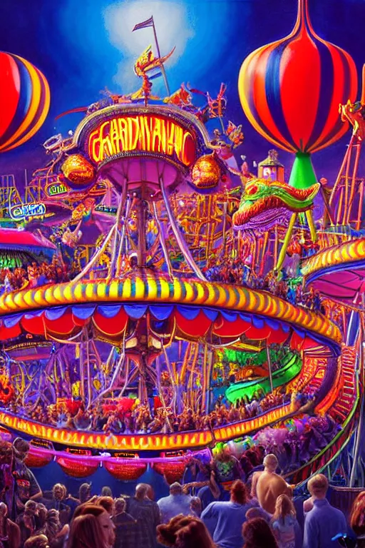 Image similar to a hyperrealistic detailed painting of a epic grandiose carnival in town with rides, games, prizes, glowing lights, colorful, chimeric creatures riding a rollercoaster. cinematic lighting, depth perspective, depth of field, cinematic angle, by chris cunningham and richard corben, highly detailed, vivid color,
