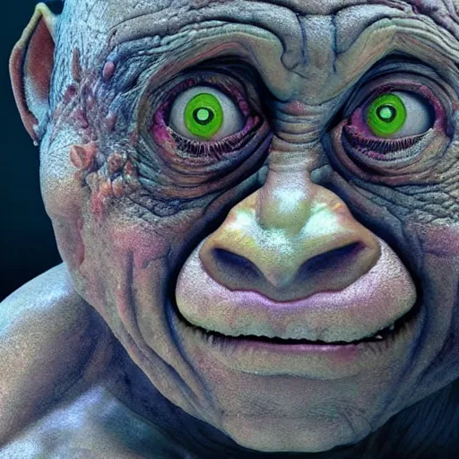 Image similar to hyperrealistic mixed media high resolution painting of Danny DeVito disguised as Gollum skulking in a dark cave, stunning 3d render inspired art by Jamie Salmon and István Sándorfi and Unreal Engine and Greg Rutkowski, perfect facial symmetry, dim volumetric lighting, 8k octane beautifully detailed render, full body shot, post-processing, extremely hyper-detailed, intricate, epic composition, highly detailed attributes, highly detailed atmosphere, cinematic lighting, masterpiece, trending on artstation, very very detailed, masterpiece, stunning, flawless completion, lifelike texture, perfection,