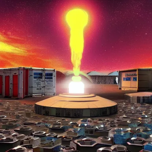 Prompt: a glowing nuclear microreactor inside a sci-fi container in the midground, background of a prawling Yemen refugee tent camp, afrofuturism, peaceful, serene