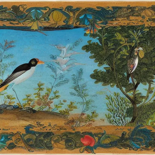 Image similar to A beautiful digital art of a bird in its natural habitat. The bird is shown in great detail, with its colorful plumage and intricate patterns. The background is a simple but detailed landscape, with trees, bushes, and a river. in Indonesia, voynich manuscript by William Henry Hunt turbulent, ornate