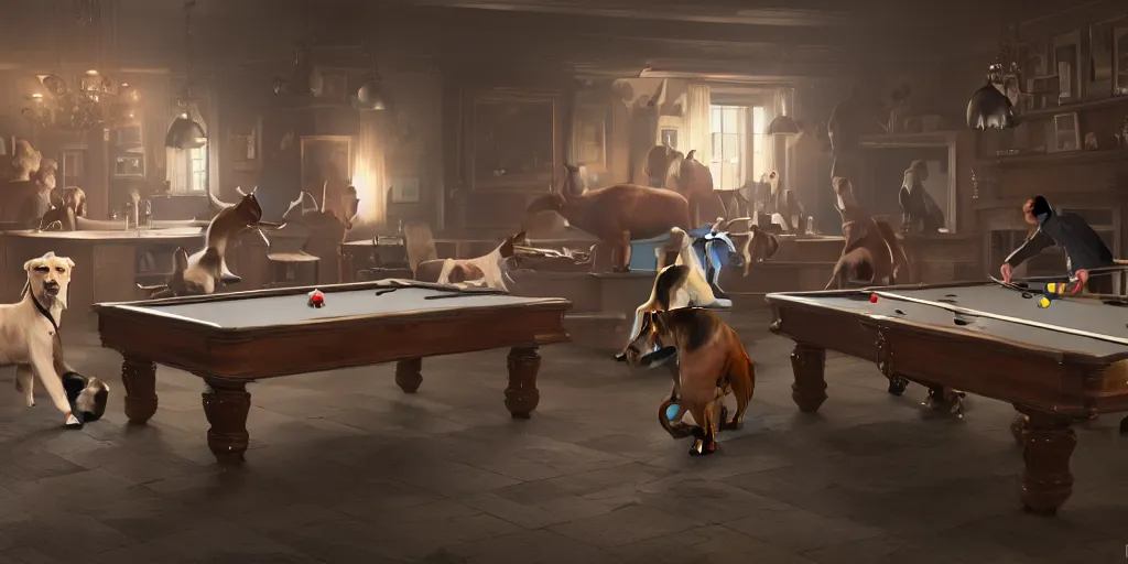 Image similar to dogs playing billiards, cinematic lighting, detailed oil painting, unreal 5 render, 8k