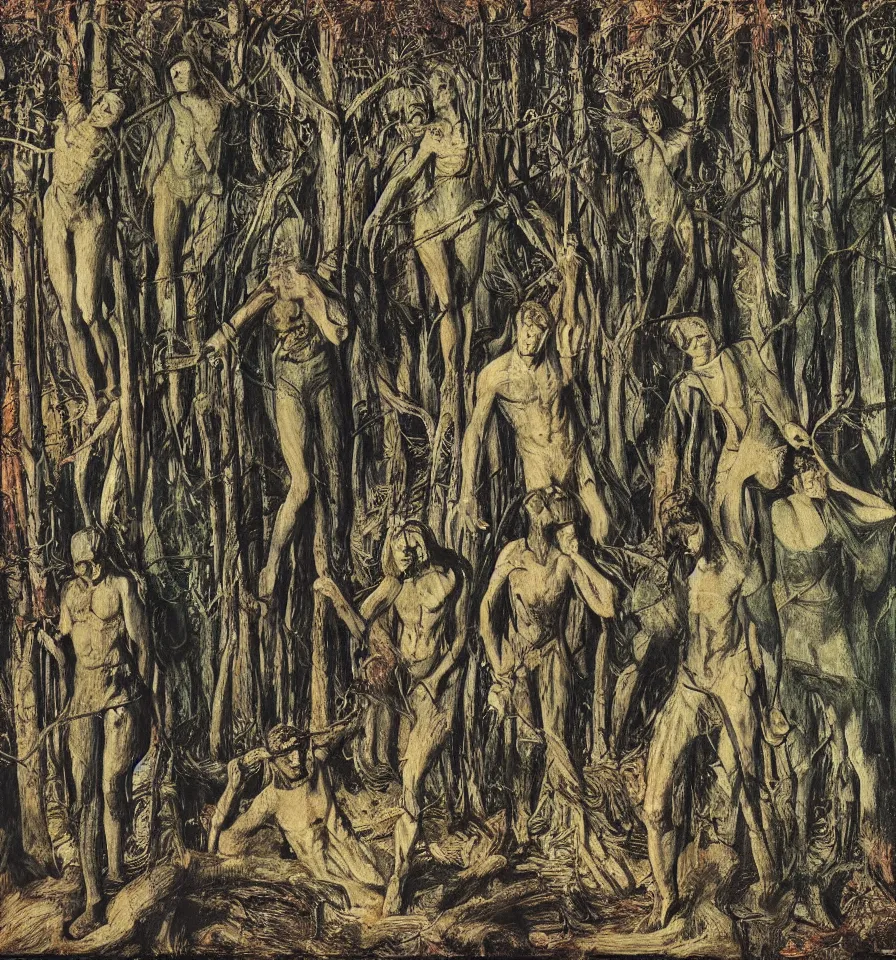 Image similar to a picture of 4 warrior angels lost in a forest painted by akseli gallen and ernst fuchs