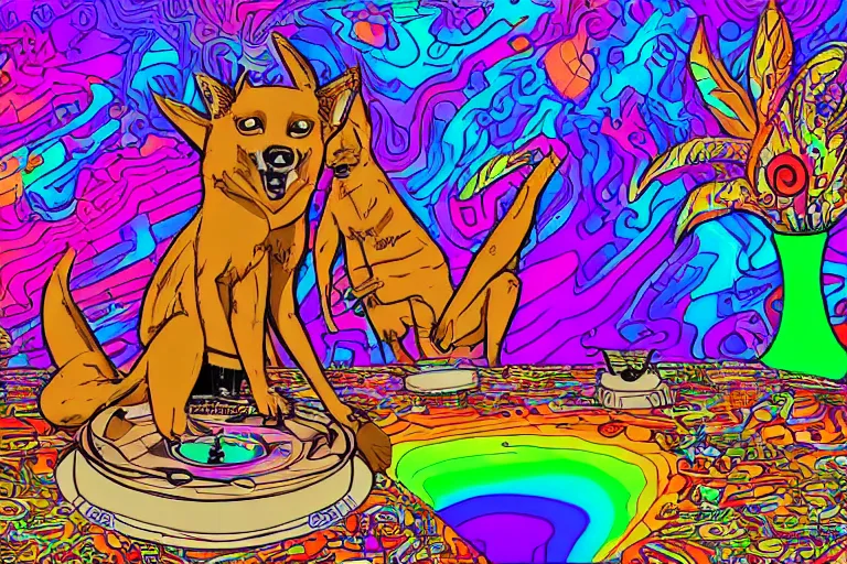 Image similar to a dingo who is a psychedelic music DJ. He has a house for a body. There are candles all around. He is tripping on LSD. Highly detailed, Cinematic. Cartoon style. 4k, Realistic, detailed.