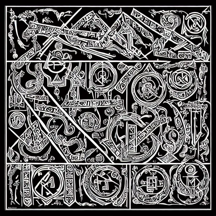Image similar to high contrast occult ritual diagram, ornate elaborate inked antique diagram of complicated occult ritual runes and markings