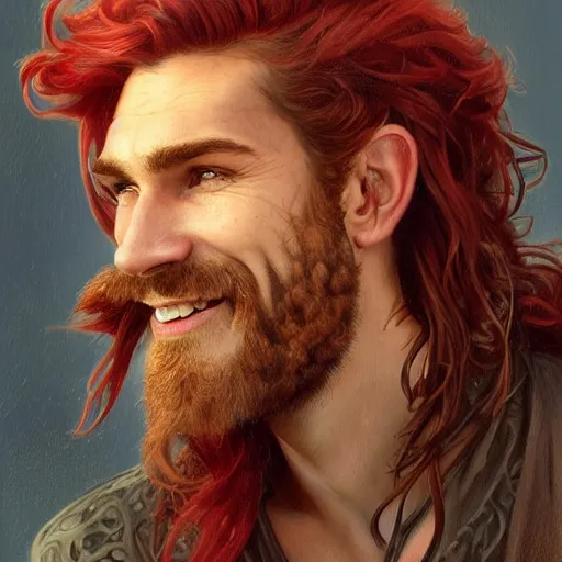 Image similar to portrait of a young ruggedly handsome but joyful pirate, male, masculine, nose ring, upper body, red hair, long hair, d & d, fantasy, joyful smirk, intricate, elegant, highly detailed, digital painting, artstation, concept art, matte, sharp focus, illustration, art by artgerm and greg rutkowski and alphonse mucha