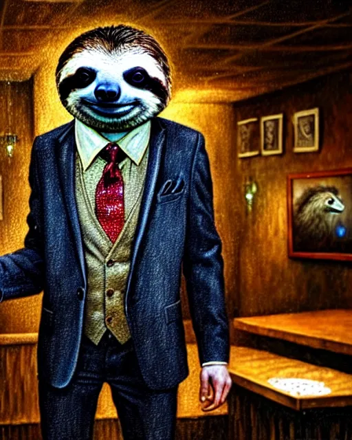 Image similar to hyperrealistic mixed media painting of a sloth wearing a suit and tie, dimly lit dive bar, stunning 3d render inspired art by P. Craig Russell and Barry Windsor-Smith + perfect facial symmetry + dim volumetric lighting, 8k octane beautifully detailed render, post-processing, extremely hyperdetailed, intricate, epic composition, grim yet sparkling atmosphere, cinematic lighting + masterpiece, trending on artstation, very very detailed, masterpiece, stunning