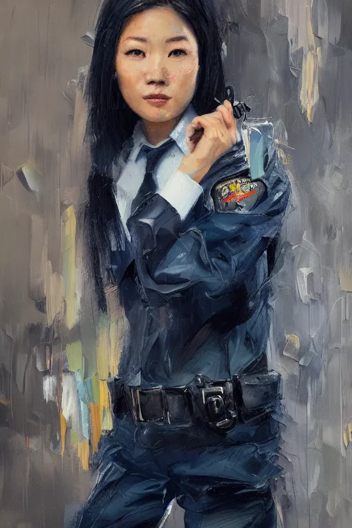 Image similar to palette knife oil painting portrait of a female asian police psychiatrist, extreme detail, artstation trending, artgerm, deviant art, octane, substance, art history 8 k