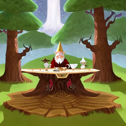 Image similar to fantasy illustration of a manticore at a tea party with a gnome wizard and and ogre knight of the realm. Setting is a forest. Table is a tree stump with a kettle on top