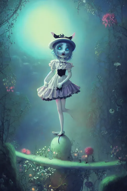 Prompt: a surreal Bioluminescent, very very very cute gothic lolita in a happy world by Daniel Merriam, Trending on Artstation, oil on Canvas by Elena Zhurikhina and Goro Fujita and Charlie Bowater, octane render, 4k, 8k, HD