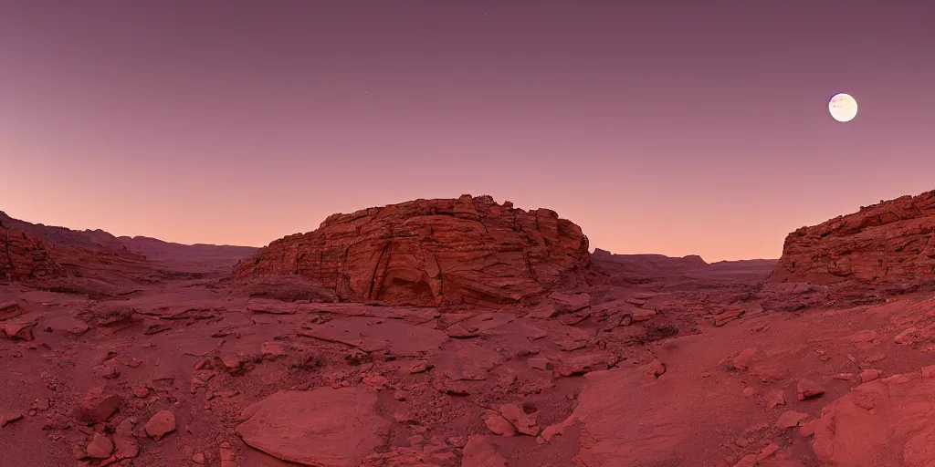 Image similar to a view looking out of a cave of a dried up river bend running through a canyon surrounded by desert mountains at sunset on mars, purple sky, two moons, planet mars, moab, utah, a tilt shift photo by frederic church, trending on unsplash, hudson river school, photo taken with provia, national geographic photo