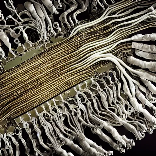 Image similar to an organic computer made out of live parts, cable, nerves, organs, by cronenberg, film still, photography, argentic, ominous