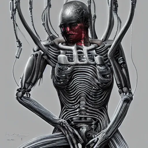 Prompt: a man being born from a machine, dystopian, high tech, biopunk, by H.R. Giger, trending on artstation, high detail