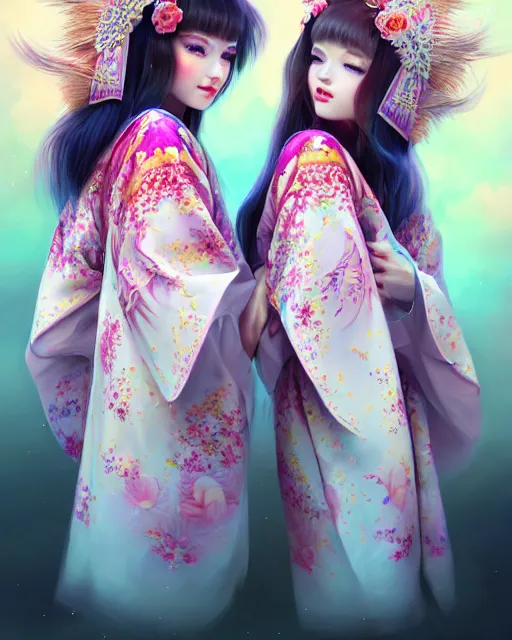 Image similar to two beautiful fashion siberian girls wear fantasy kimono in festival | | big eyes, sunny, dreamlike art, realistic shaded, smile, good looking, hyper details, 4 k realistic, cryengine, realistic shaded lighting poster by artgerm, ross tran, fuji choko, loish, 8 k resolution, trending on artstation, luxury