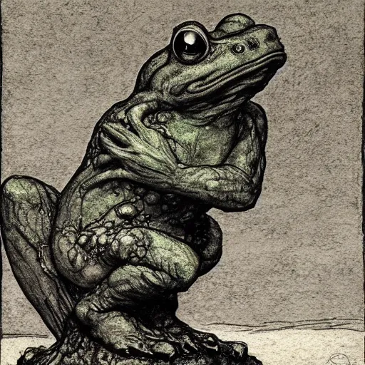 Prompt: toad philosopher toad in a pose The Thinker, swamp, by Auguste Rodin, illustrations by irish fairy tales james stephens arthur rackham, fairy tale illustrations, top cinematic lighting , cinematic mood, very detailed, shot in canon, bog, green,