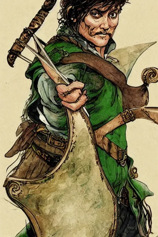 Image similar to Breathtaking comic book style of Johny Depp portrayed as a Dungeons and Dragons bard, playing the lute and wearing a pale green vest and white shirt in the style of Samwise Didier