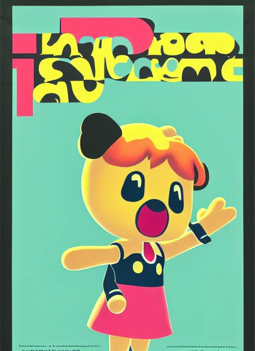 Image similar to Polish posters for Isabelle from Animal Crossing. Screen printed, silkscreen, two-tone paper texture. 1968